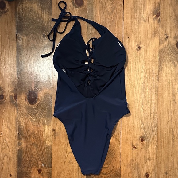 Aerie Lace Up Deep Plunge Low Back Halter Navy Blue One Piece Swimsuit - Picture 5 of 8